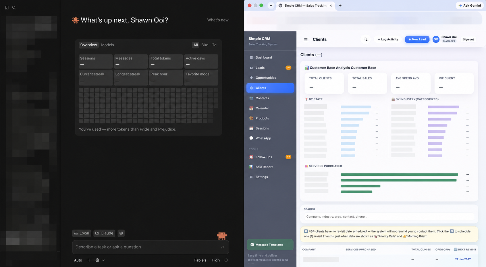 On the left, a conversation with AI; on the right, the sales management system it built: client analysis, charts by state and industry, client list and follow-up reminders
